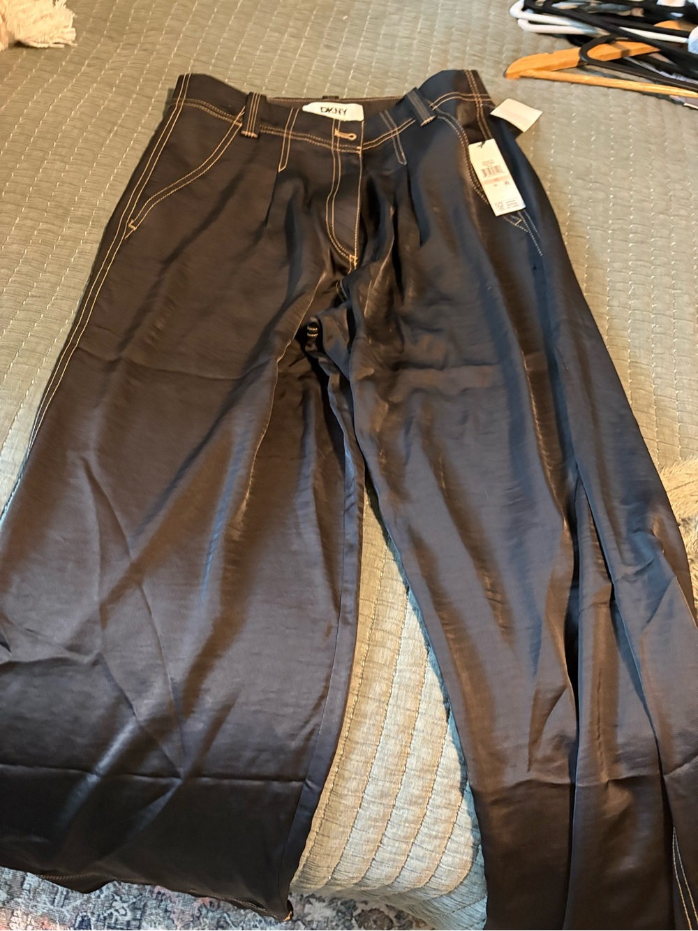 DKNY Wide-Leg Navy Pants with Contrast Stitching